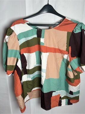 Abstract Print Women's Blouse in Coral, Teal & Olive